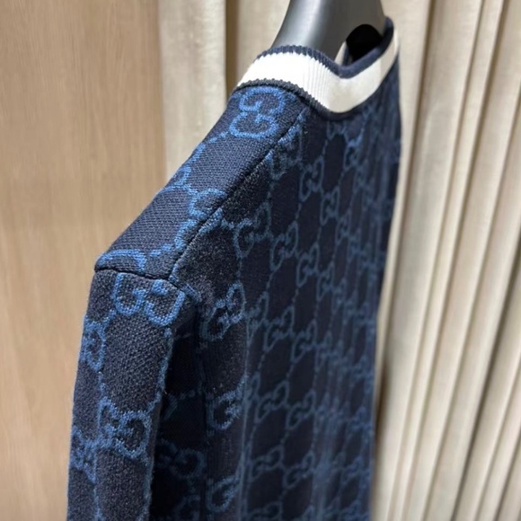 Gucci GG Logo Monogram Striped Jacquard Knit Cotton Cardigan in Navy size Large - Picture 5 of 8